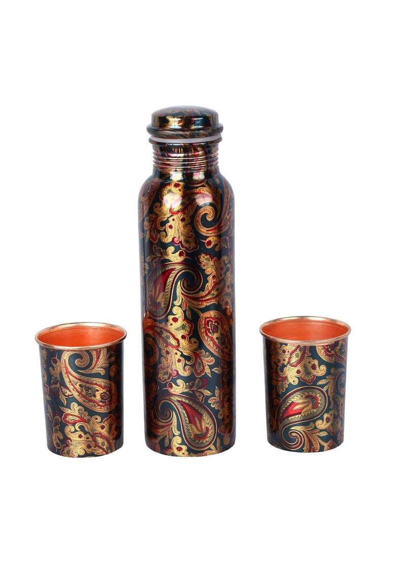 R Ayurveda Copper Handcrafted Copper Metal Bottle with 2 Copper Metal Glass Green Paisley Design | 1 L | 1.1 Qt - Indya