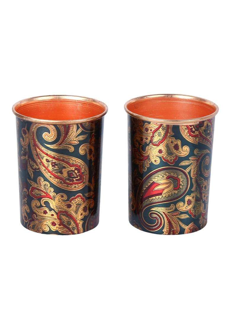 R Ayurveda Copper Handcrafted Copper Metal Bottle with 2 Copper Metal Glass Green Paisley Design | 1 L | 1.1 Qt - Indya