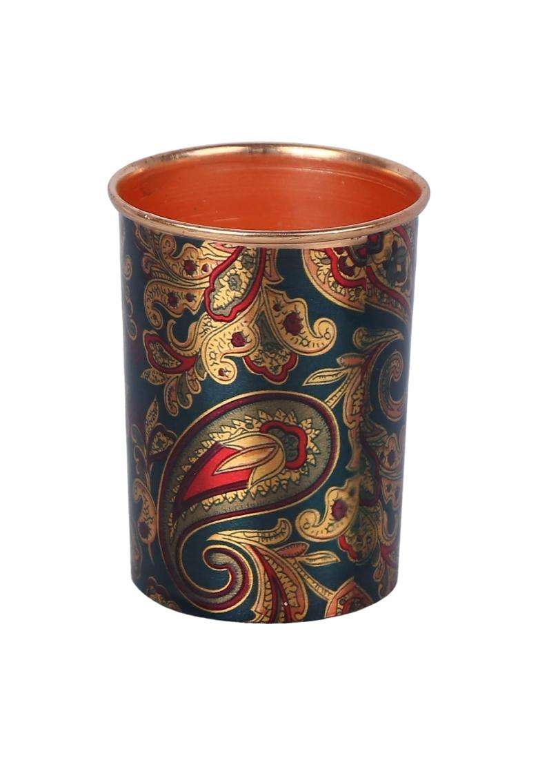 R Ayurveda Copper Handcrafted Copper Metal Bottle with 2 Copper Metal Glass Green Paisley Design | 1 L | 1.1 Qt - Indya