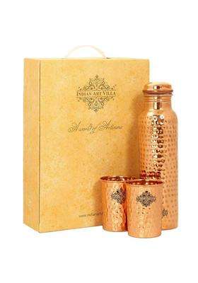 INDIAN ART VILLA Pure Copper Drinkware Gift Set of Hammered Design 1 Bottle and 2 Glass with Gift | 750 ml | 25.4 fl oz