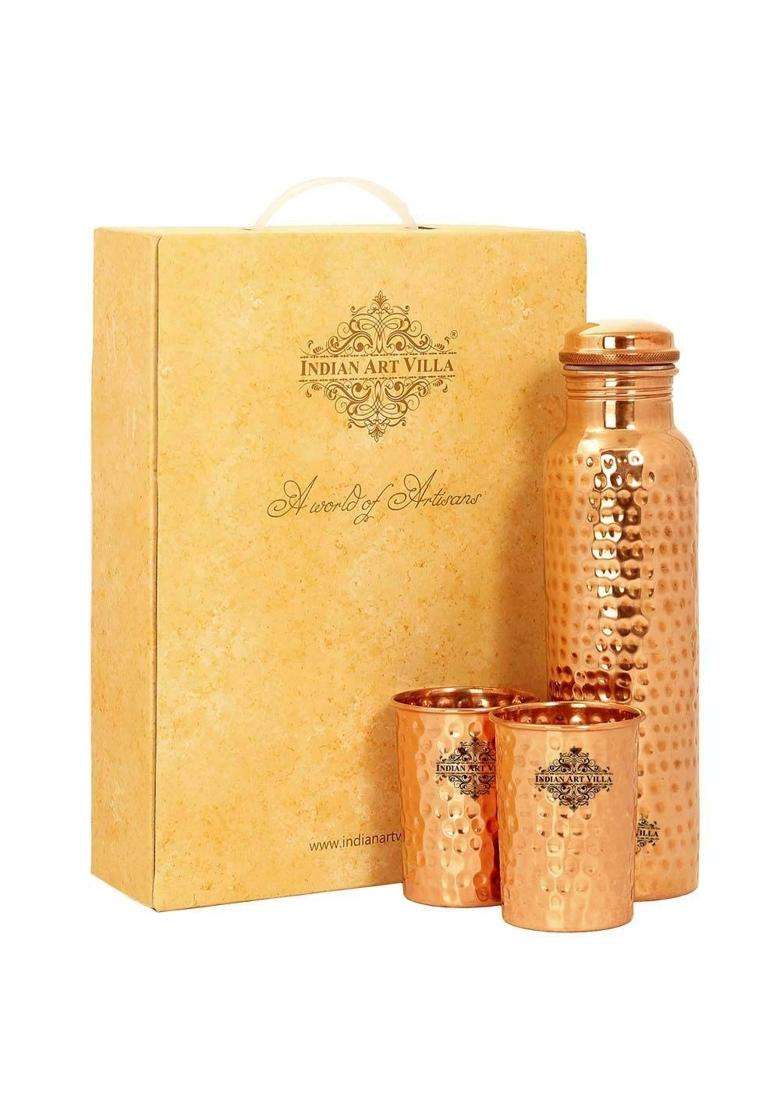 INDIAN ART VILLA Pure Copper Drinkware Gift Set of Hammered Design 1 Bottle and 2 Glass with Gift | 750 ml | 25.4 fl oz - Indya