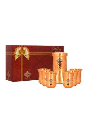INDIAN ART VILLA Copper Designer Hammered and Smooth Bedroom Bottle with Copper Glasses | 1.2 L | 1.3 Qt | 6-Piece Set