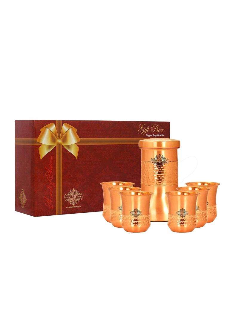 INDIAN ART VILLA Copper Designer Hammered and Smooth Bedroom Bottle with Copper Glasses | 1.2 L | 1.3 Qt | 6-Piece Set - Indya