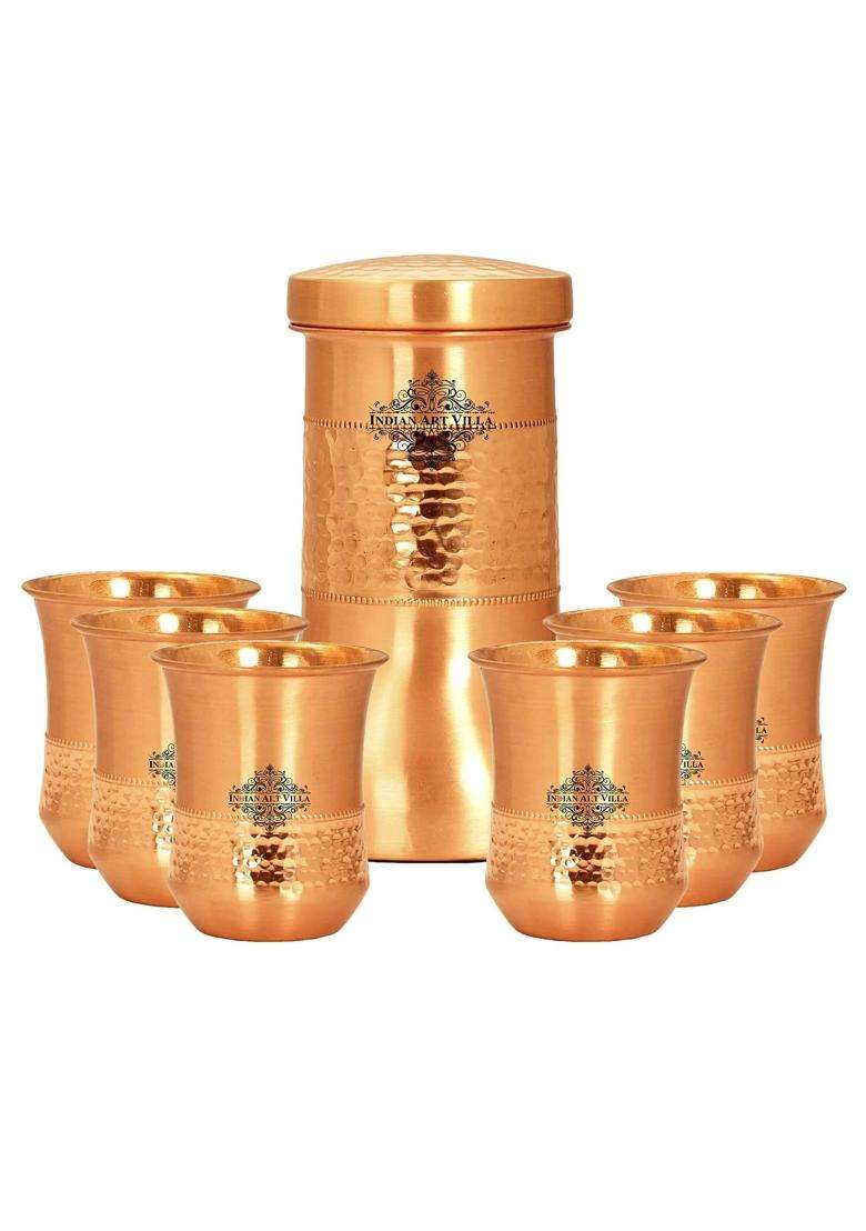 INDIAN ART VILLA Copper Designer Hammered and Smooth Bedroom Bottle with Copper Glasses | 1.2 L | 1.3 Qt | 6-Piece Set - Indya