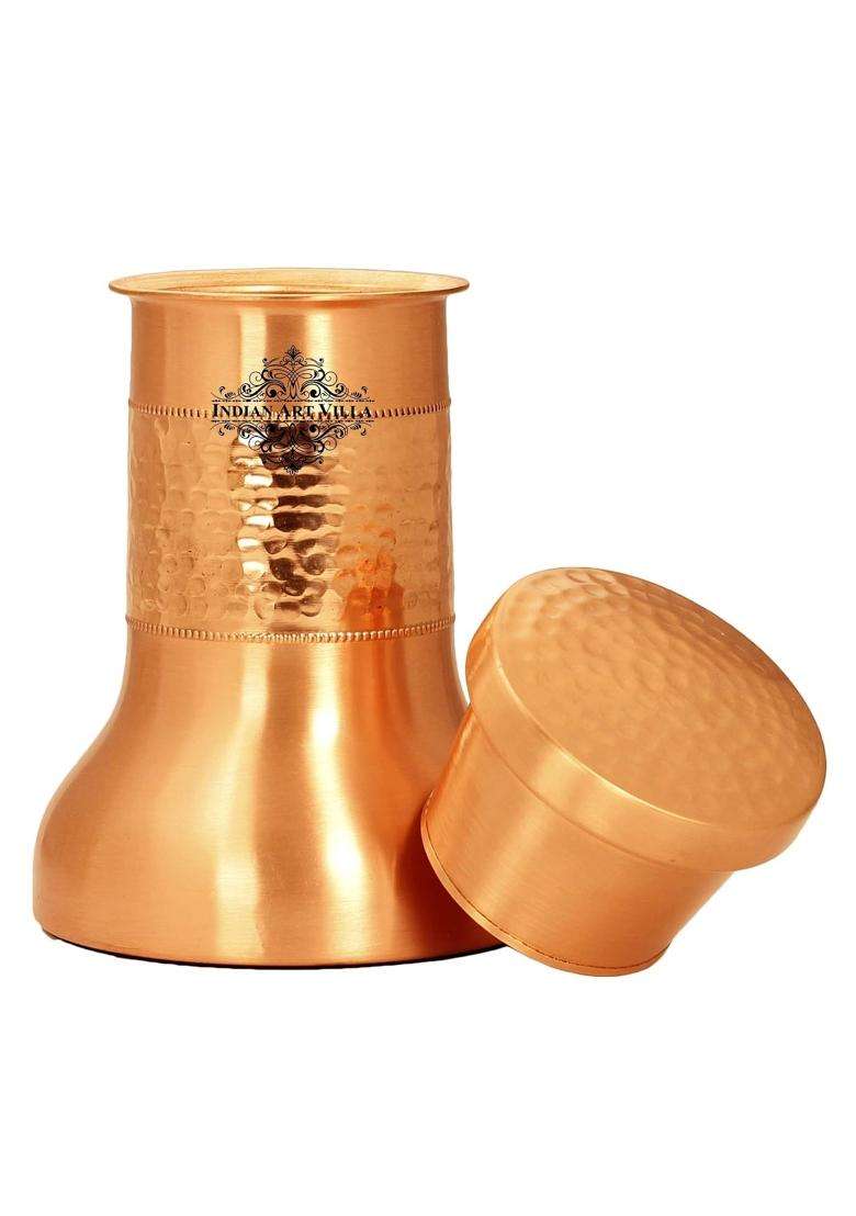 INDIAN ART VILLA Copper Designer Hammered and Smooth Bedroom Bottle with Copper Glasses | 1.2 L | 1.3 Qt | 6-Piece Set - Indya