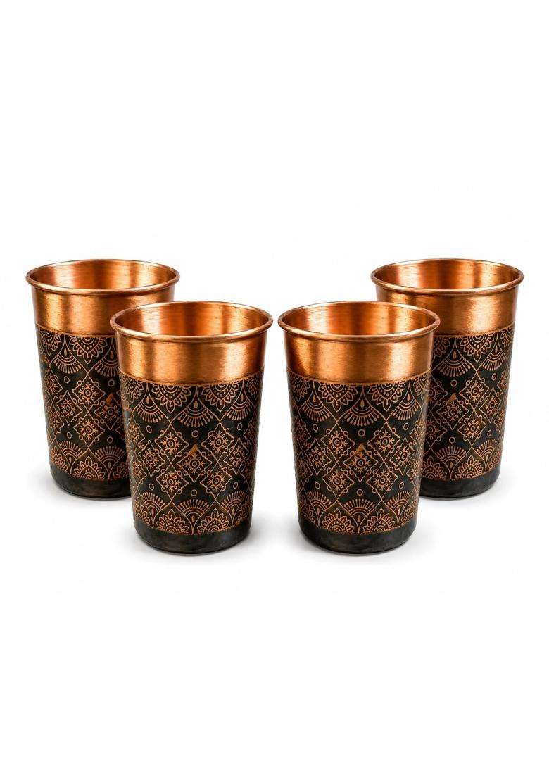 i2collections Pure Copper Water Glass with Handcrafted Etched Design | 300 ml | 10.1 fl oz | 4-Piece Set - Indya