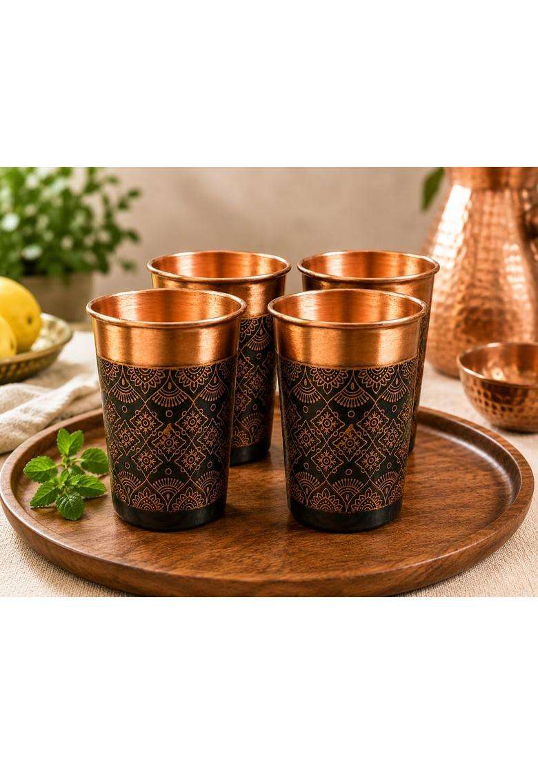 i2collections Pure Copper Water Glass with Handcrafted Etched Design | 300 ml | 10.1 fl oz | 4-Piece Set - Indya