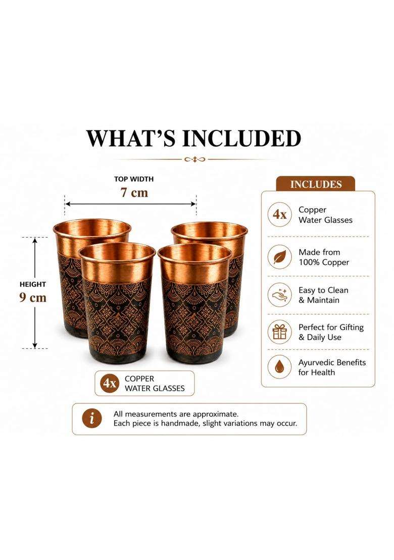 i2collections Pure Copper Water Glass with Handcrafted Etched Design | 300 ml | 10.1 fl oz | 4-Piece Set - Indya