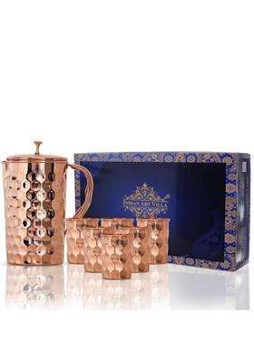 INDIAN ART VILLA Pure Copper Drinkware Gift Jug and 6 Glass with Gift Box and Diamond Hammered Design | 1.5 L | 1.6 Qt