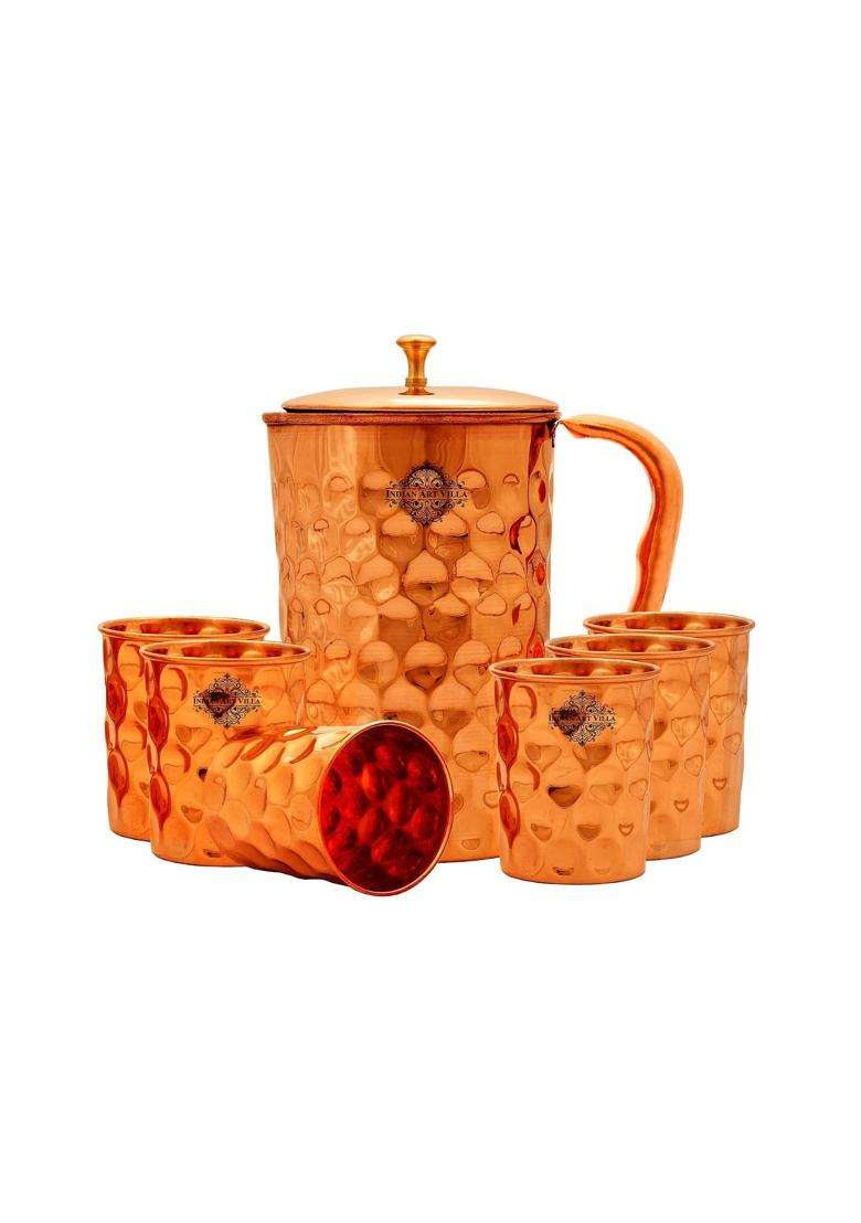 INDIAN ART VILLA Pure Copper Drinkware Gift Jug and 6 Glass with Gift Box and Diamond Hammered Design | 1.5 L | 1.6 Qt - Indya