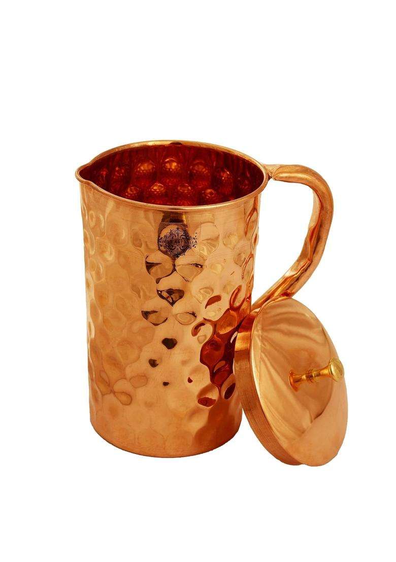 INDIAN ART VILLA Pure Copper Drinkware Gift Jug and 6 Glass with Gift Box and Diamond Hammered Design | 1.5 L | 1.6 Qt - Indya
