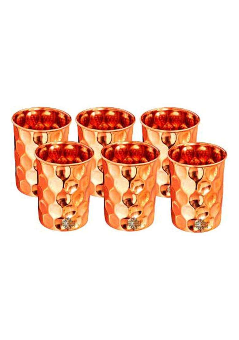 INDIAN ART VILLA Pure Copper Drinkware Gift Jug and 6 Glass with Gift Box and Diamond Hammered Design | 1.5 L | 1.6 Qt - Indya