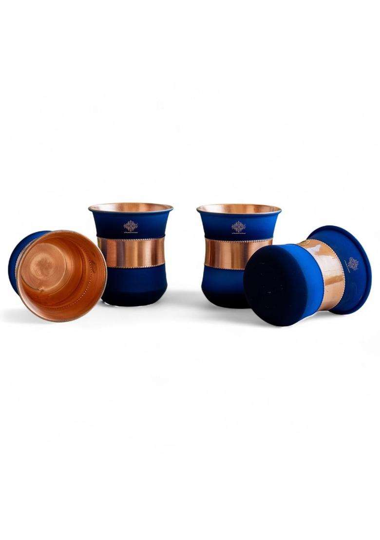 INDIAN ART VILLA Copper Half Silk Finish Blue Ombre Glass | 300 ml | 10.1 fl oz | 4-Piece Set - Indya