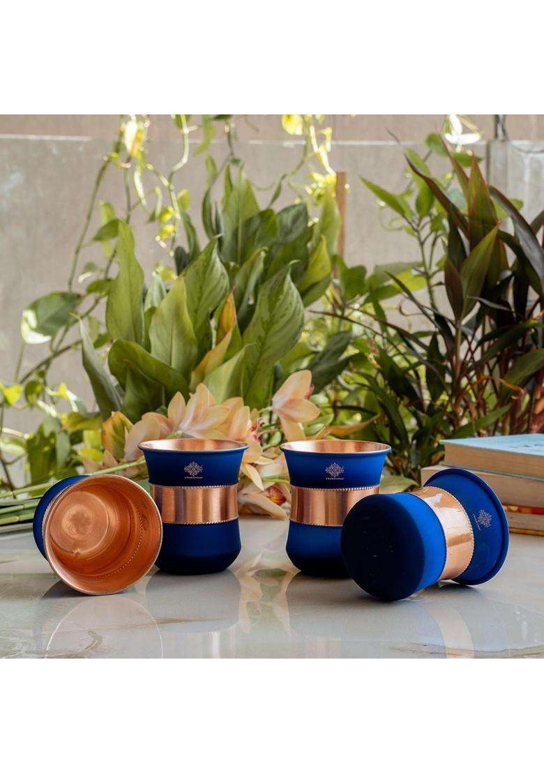 INDIAN ART VILLA Copper Half Silk Finish Blue Ombre Glass | 300 ml | 10.1 fl oz | 4-Piece Set - Indya