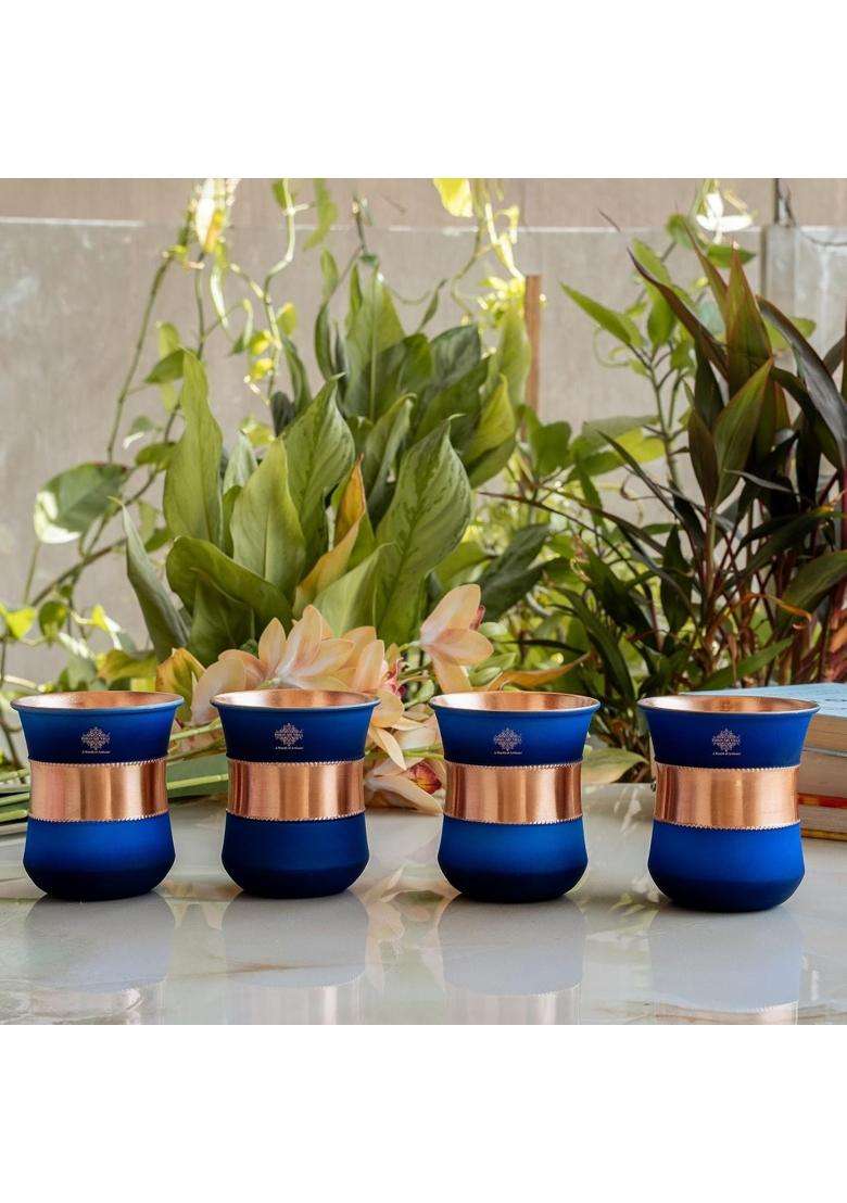 INDIAN ART VILLA Copper Half Silk Finish Blue Ombre Glass | 300 ml | 10.1 fl oz | 4-Piece Set - Indya