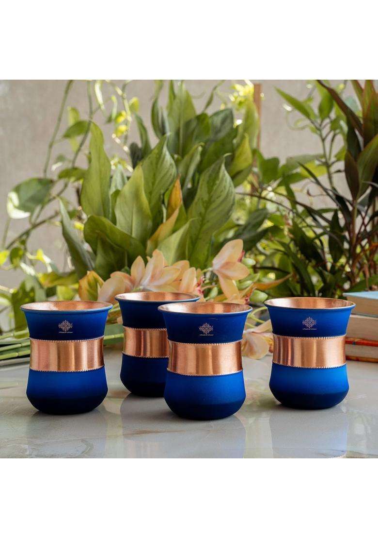 INDIAN ART VILLA Copper Half Silk Finish Blue Ombre Glass | 300 ml | 10.1 fl oz | 4-Piece Set - Indya
