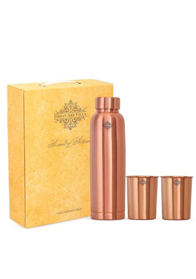 INDIAN ART VILLA Pure Copper Drinkware Gift Set of Ergonomic Design 1 Bottle and 2 Glass with Gift | 900 ml | 30.4 fl oz - Indya