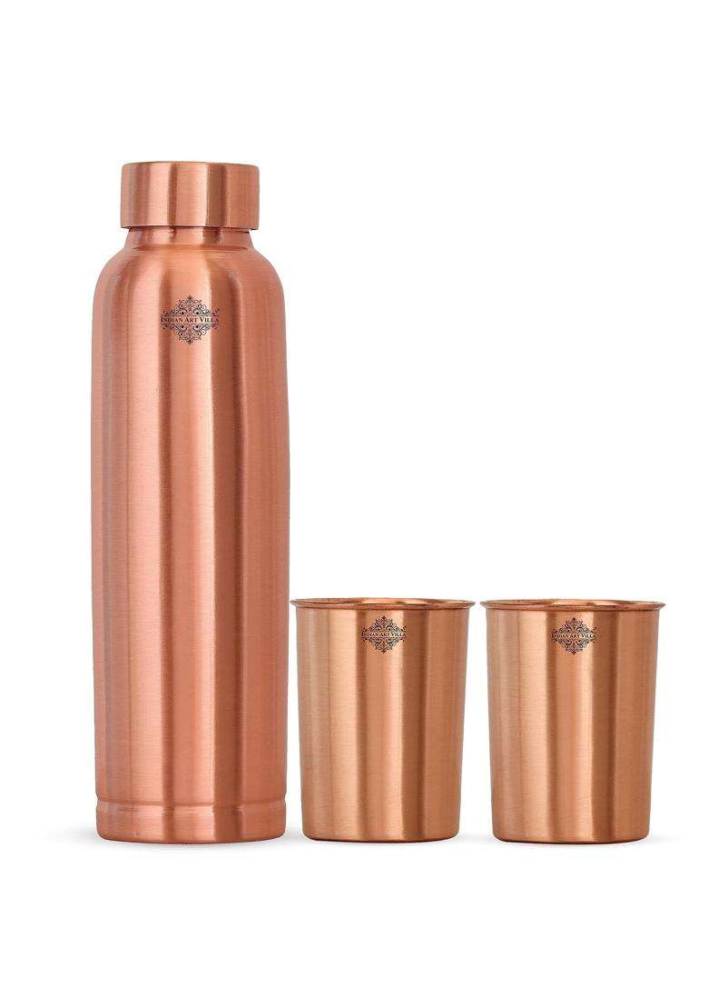 INDIAN ART VILLA Pure Copper Drinkware Gift Set of Ergonomic Design 1 Bottle and 2 Glass with Gift | 900 ml | 30.4 fl oz - Indya