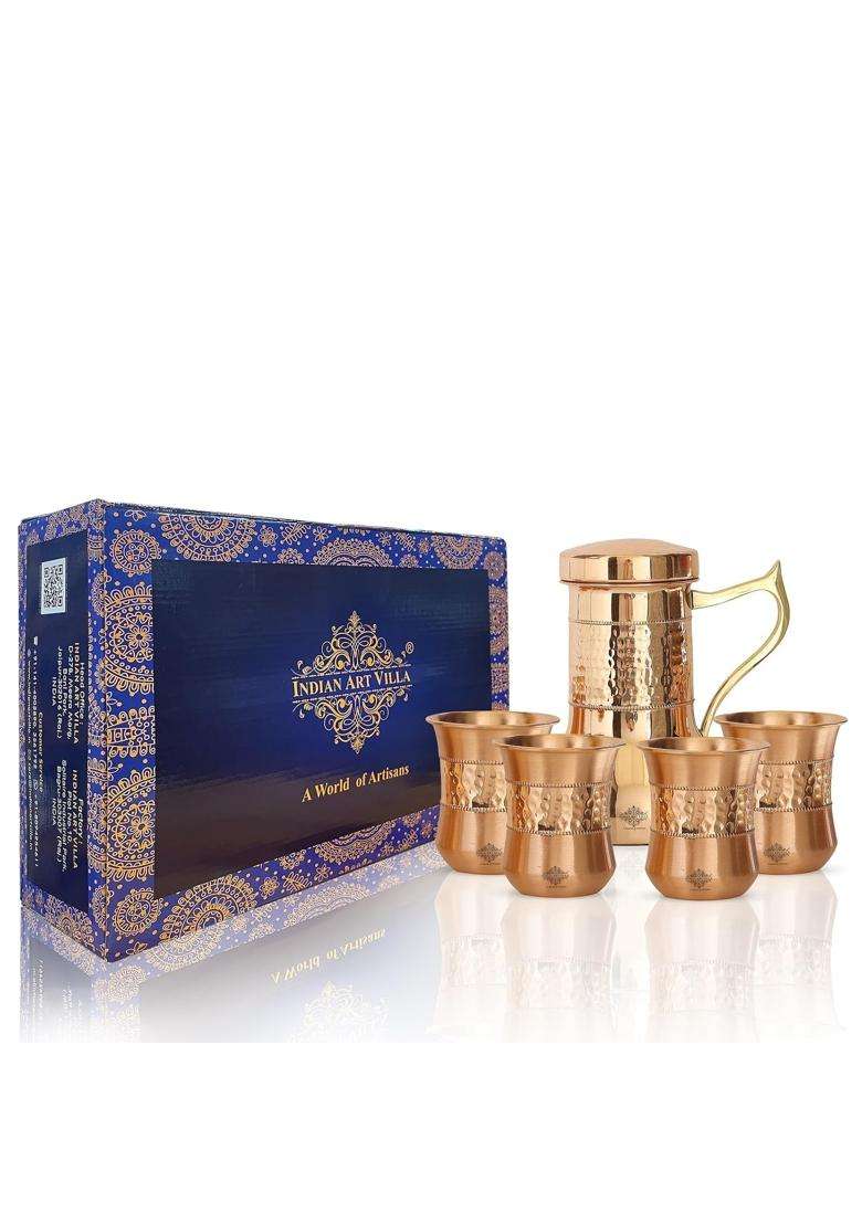 INDIAN ART VILLA Copper Designer Hammered and Smooth Bedroom Bottle with Handle and Copper Glasses | 1200 ml | 40.6 fl oz | 4-Piece Set - Indya
