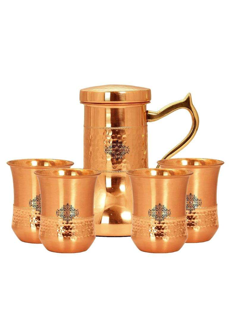 INDIAN ART VILLA Copper Designer Hammered and Smooth Bedroom Bottle with Handle and Copper Glasses | 1200 ml | 40.6 fl oz | 4-Piece Set - Indya