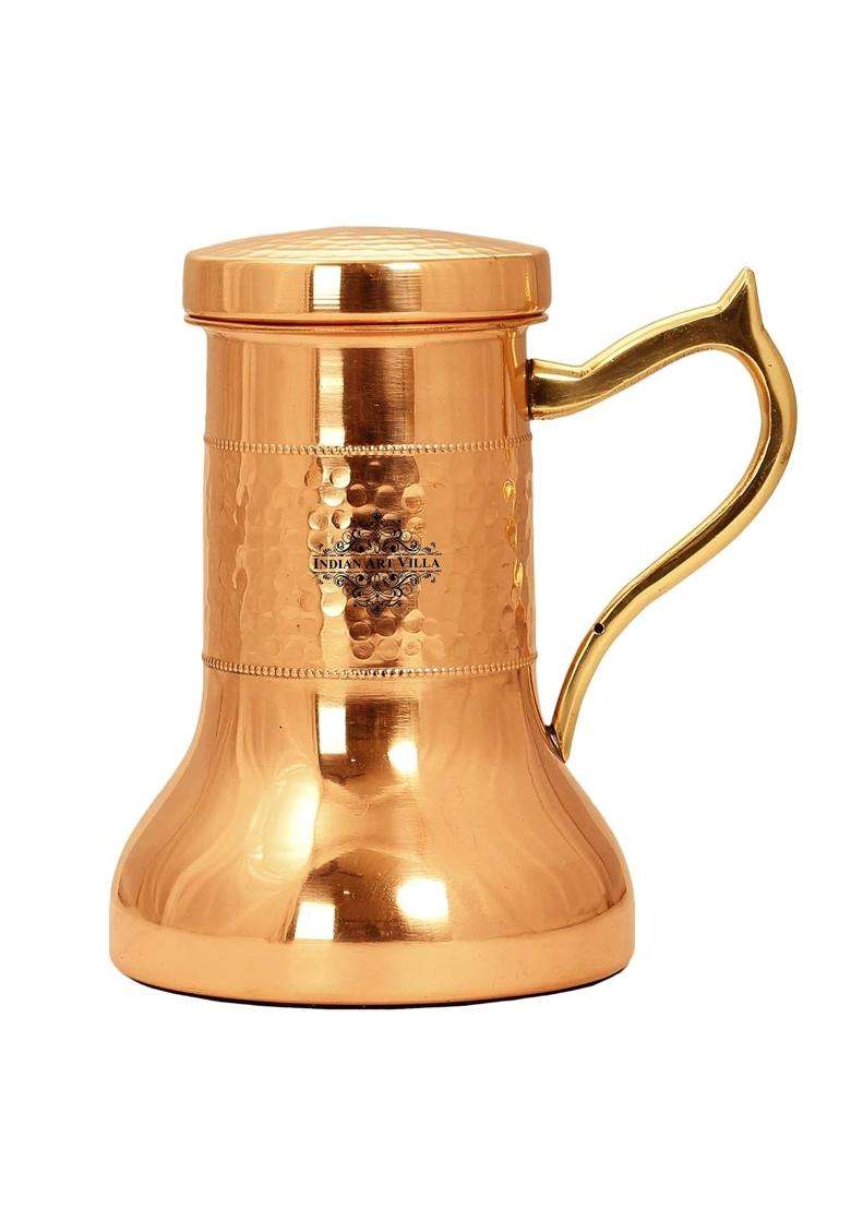 INDIAN ART VILLA Copper Designer Hammered and Smooth Bedroom Bottle with Handle and Copper Glasses | 1200 ml | 40.6 fl oz | 4-Piece Set - Indya