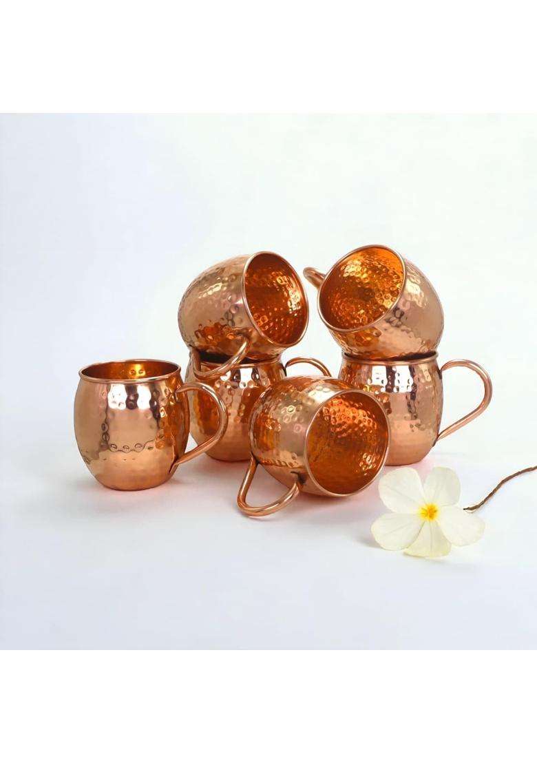 Copper-Master Pure Copper Hammered Mug Drinkware and Serveware | 400 ml | 13.5 fl oz | 6-Piece Set - Indya
