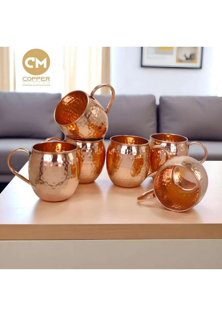 Copper-Master Pure Copper Hammered Mug Drinkware and Serveware | 400 ml | 13.5 fl oz | 6-Piece Set - Indya