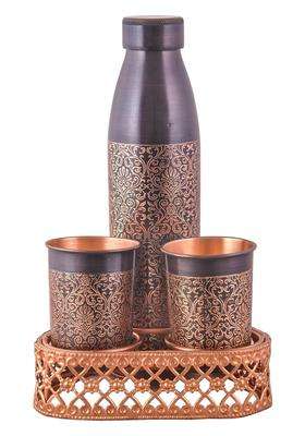 SHIV SHAKTI ARTS Pure Copper Bottle Antique Finish with 2 Copper Glasses with Eching for Gifting | 1 L | 1.1 Qt