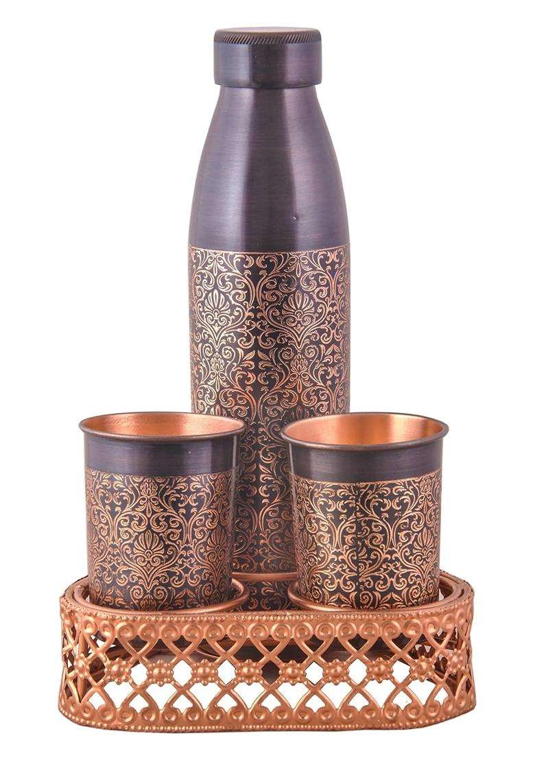 SHIV SHAKTI ARTS Pure Copper Bottle Antique Finish with 2 Copper Glasses with Eching for Gifting | 1 L | 1.1 Qt - Indya