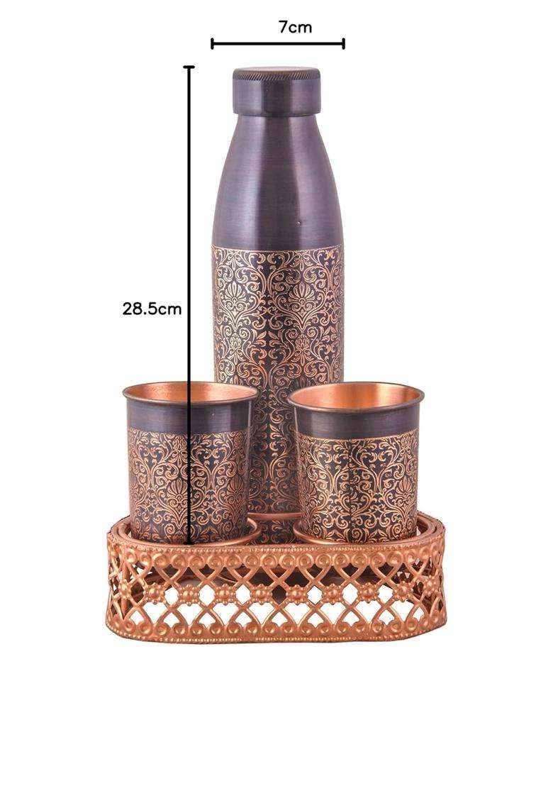 SHIV SHAKTI ARTS Pure Copper Bottle Antique Finish with 2 Copper Glasses with Eching for Gifting | 1 L | 1.1 Qt - Indya