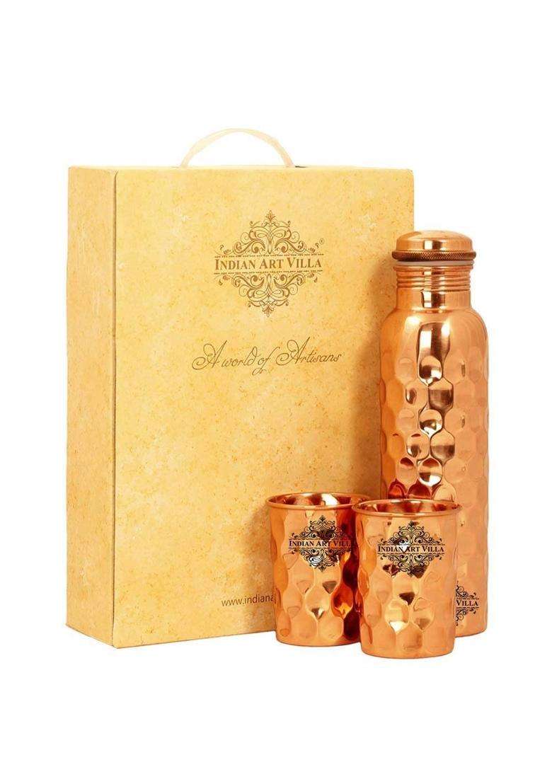 INDIAN ART VILLA Pure Copper Drinkware Gift Set of Diamond Hammered Design 1 Bottle and 2 Glass | 750 ml | 25.4 fl oz - Indya