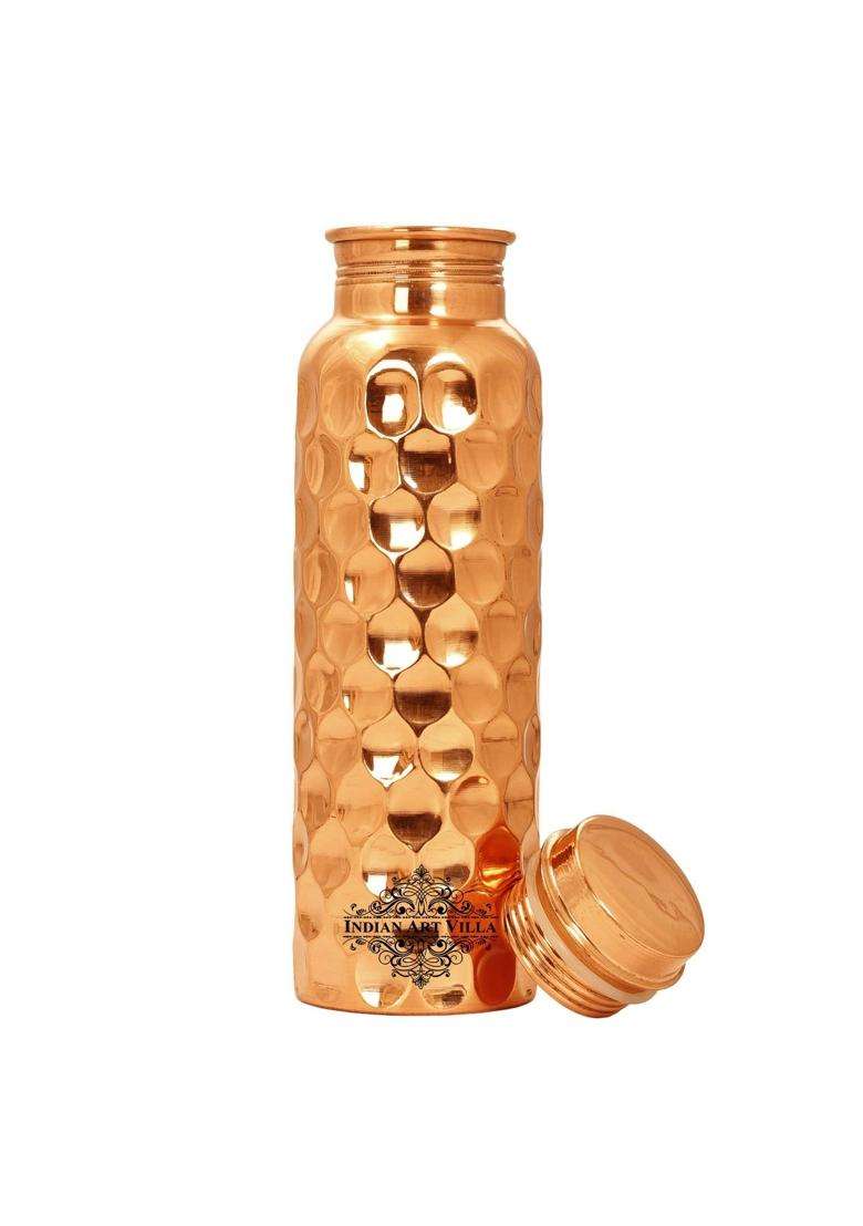 INDIAN ART VILLA Pure Copper Drinkware Gift Set of Diamond Hammered Design 1 Bottle and 2 Glass | 750 ml | 25.4 fl oz - Indya