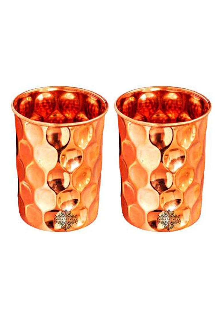 INDIAN ART VILLA Pure Copper Drinkware Gift Set of Diamond Hammered Design 1 Bottle and 2 Glass | 750 ml | 25.4 fl oz - Indya