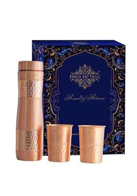 INDIAN ART VILLA Copper 1 Bottle with 2 Glass Set with Blue Gift Box | 1 L | 1.1 Qt