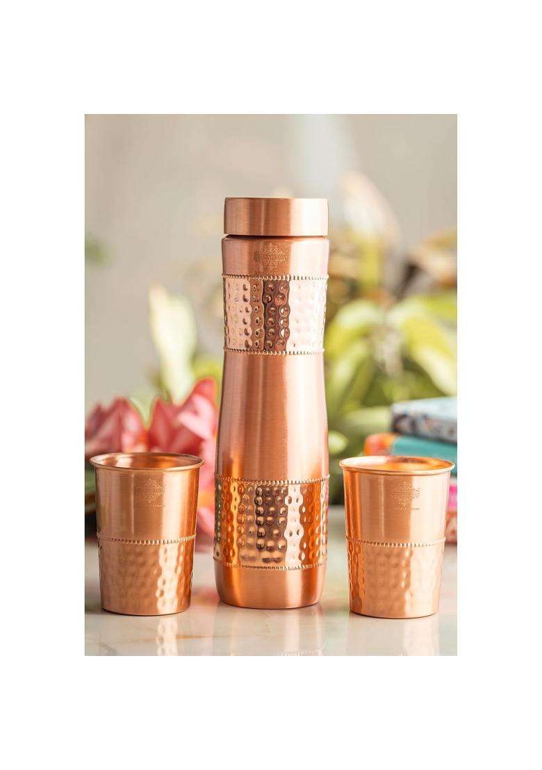 INDIAN ART VILLA Copper 1 Bottle with 2 Glass Set with Blue Gift Box | 1 L | 1.1 Qt - Indya