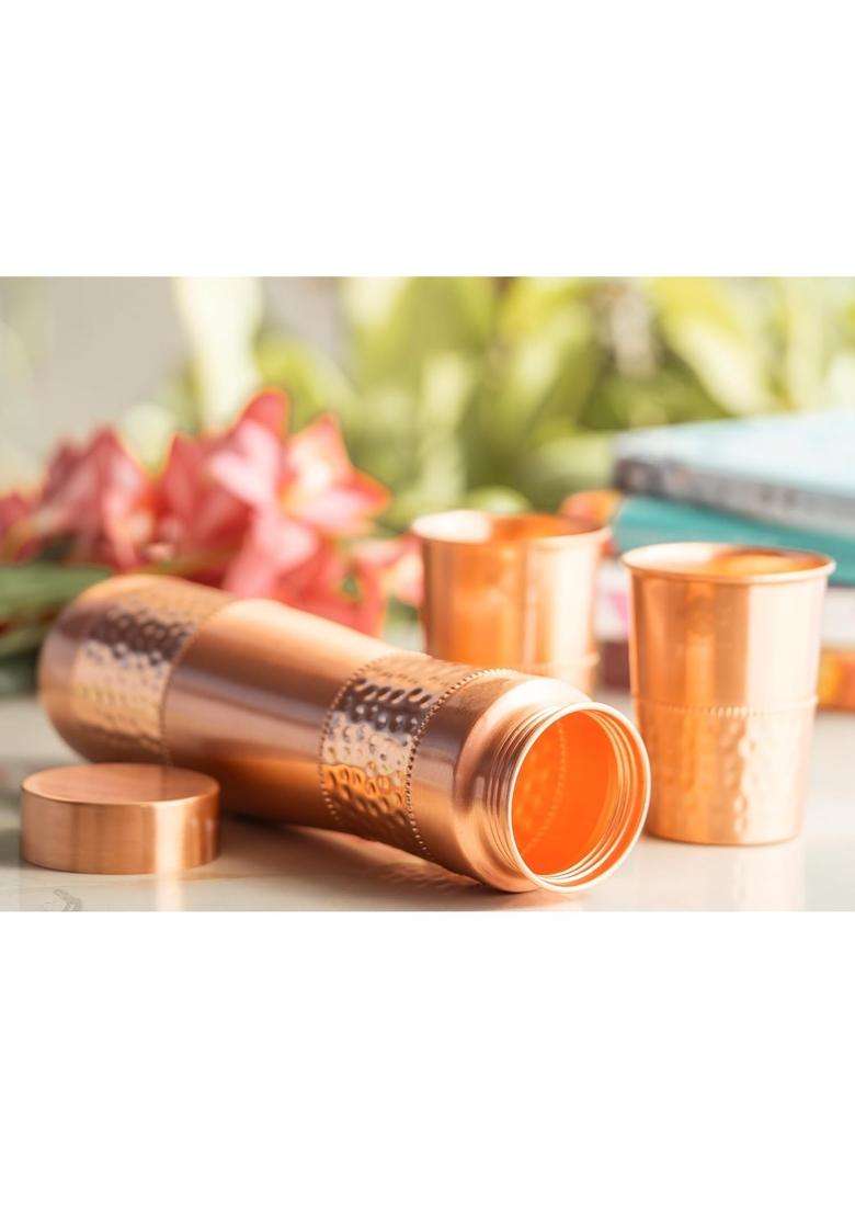 INDIAN ART VILLA Copper 1 Bottle with 2 Glass Set with Blue Gift Box | 1 L | 1.1 Qt - Indya