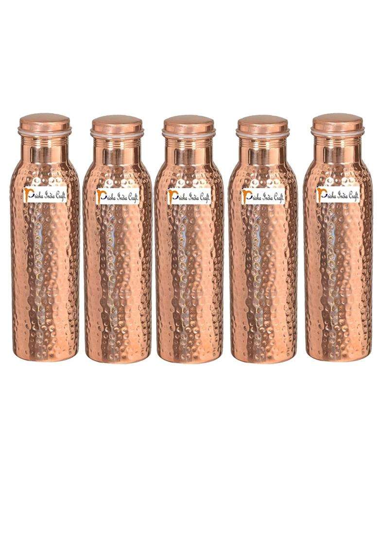 Prisha India Craft Hammered Design Copper Water Bottle | 1000 ml | 33.8 fl oz | 5-Piece Set - Indya