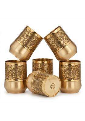 Copper-Master Brass Royal Curved Hand-Engraved Water Tumblers | 9.5 cm | 3.7 Inch | 6-Piece Set