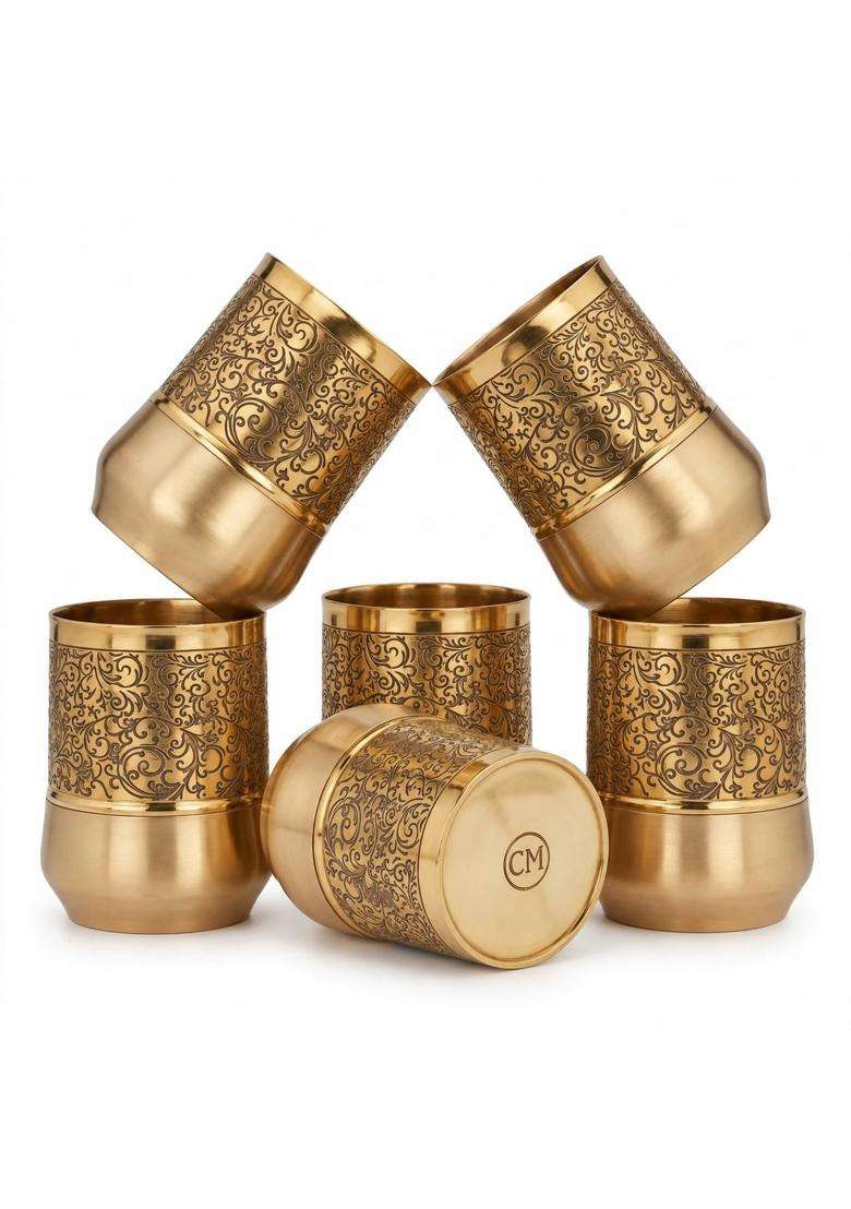 Copper-Master Brass Royal Curved Hand-Engraved Water Tumblers | 9.5 cm | 3.7 Inch | 6-Piece Set - Indya