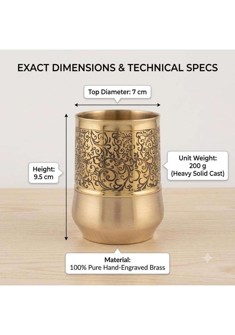Copper-Master Brass Royal Curved Hand-Engraved Water Tumblers | 9.5 cm | 3.7 Inch | 6-Piece Set - Indya