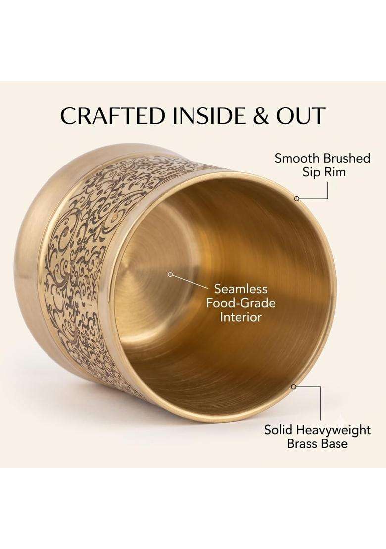 Copper-Master Brass Royal Curved Hand-Engraved Water Tumblers | 9.5 cm | 3.7 Inch | 6-Piece Set - Indya