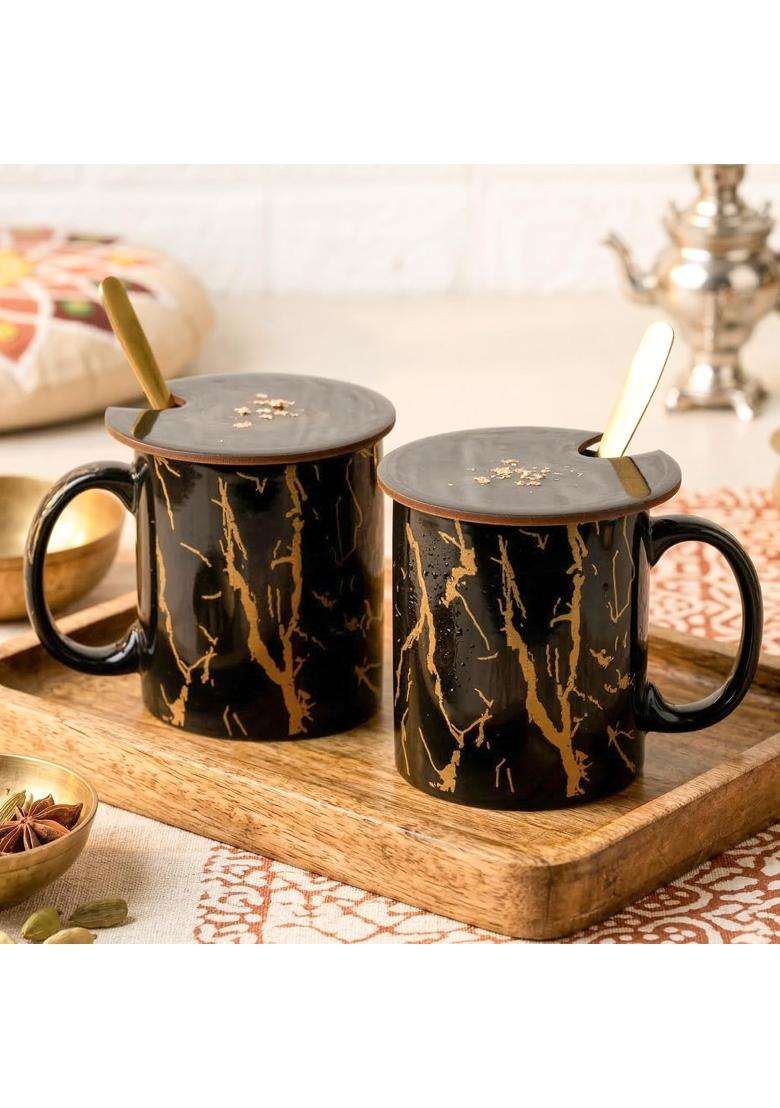 The Earth Store Black Copper Coffee Mug with Lid and Spoon | 350 ml | 11.8 fl oz | 2-Piece Set - Indya