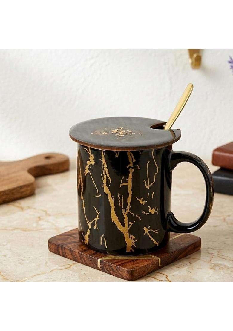 The Earth Store Black Copper Coffee Mug with Lid and Spoon | 350 ml | 11.8 fl oz | 2-Piece Set - Indya