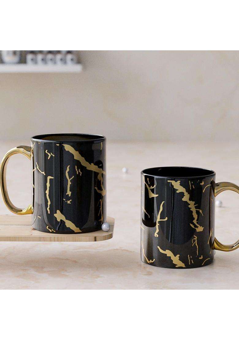 The Earth Store Black Golden Copper Pipe Ceramic Coffee Mug | 350 ml | 11.8 fl oz | 2-Piece Set - Indya