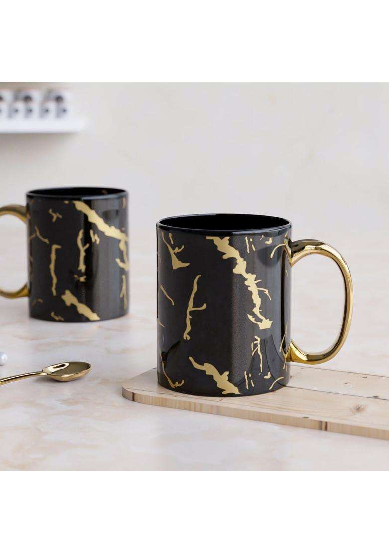 The Earth Store Black Golden Copper Pipe Ceramic Coffee Mug | 350 ml | 11.8 fl oz | 2-Piece Set - Indya