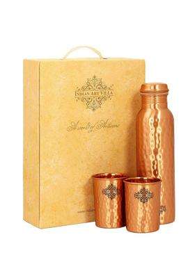 INDIAN ART VILLA Pure Copper Drinkware Gift Set of Hammered Matt Finish Design 1 Bottle and 2 | 900 ml | 30.4 fl oz