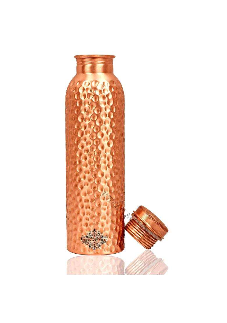 INDIAN ART VILLA Pure Copper Drinkware Gift Set of Hammered Matt Finish Design 1 Bottle and 2 | 900 ml | 30.4 fl oz - Indya