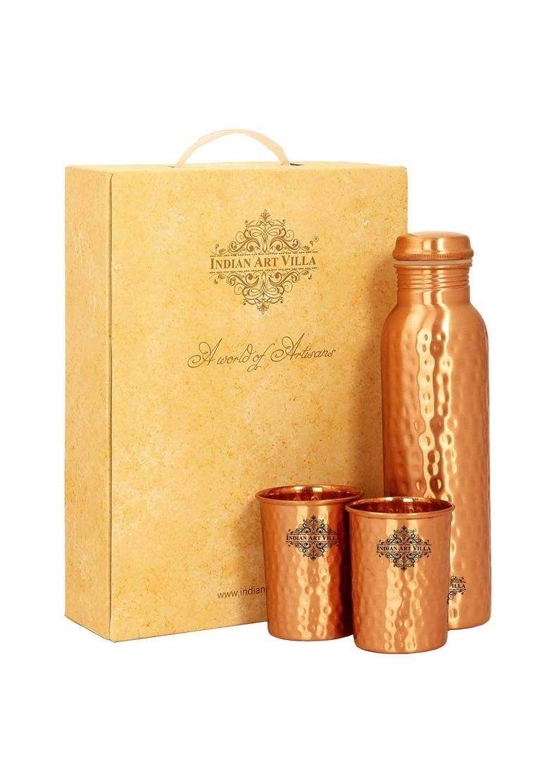 INDIAN ART VILLA Pure Copper Drinkware Gift Set of Hammered Matt Finish Design 1 Bottle and 2 | 750 ml | 25.4 fl oz - Indya