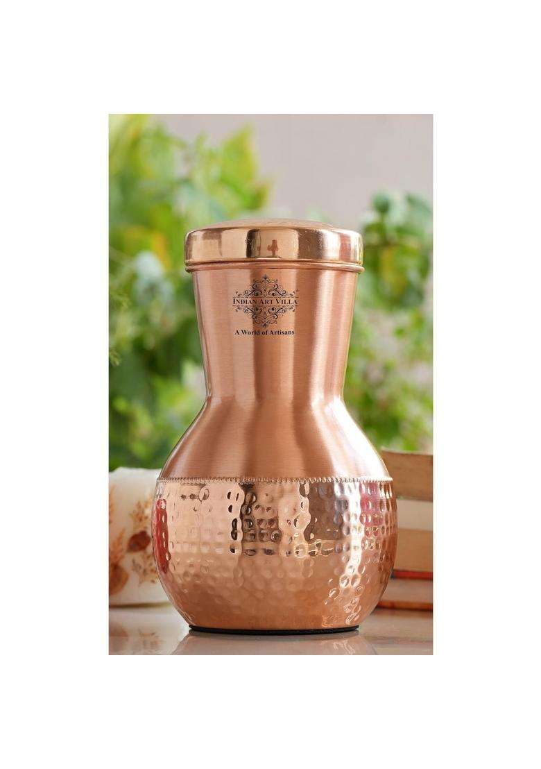 INDIAN ART VILLA Pure Copper Bedroom Water Bottle with Inbuilt Glass | 1200 ml | 40.6 fl oz | Pack of 2 | Hammered Finish - Indya