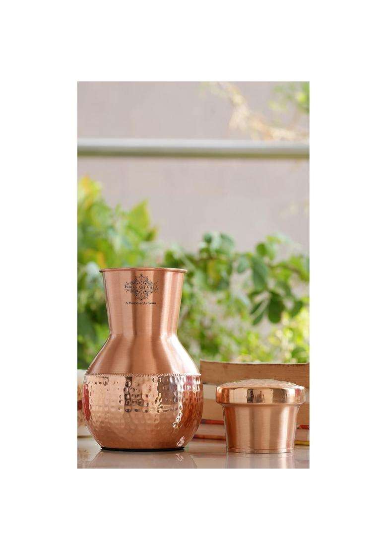 INDIAN ART VILLA Pure Copper Bedroom Water Bottle with Inbuilt Glass | 1200 ml | 40.6 fl oz | Pack of 2 | Hammered Finish - Indya